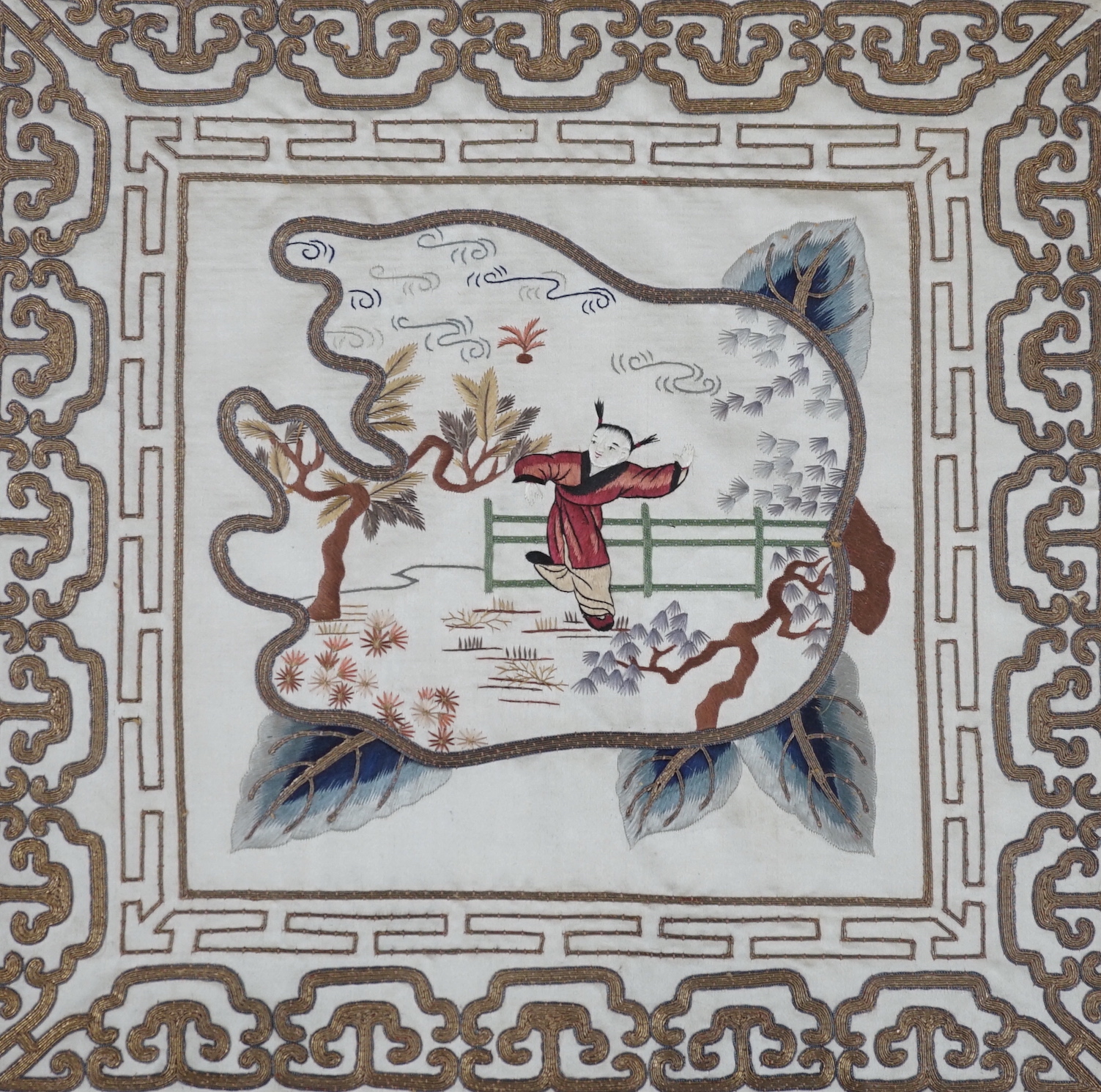 A pair of Chinese silk figurative multicoloured and gold metallic thread silk embroideries in maple frames, 33.5cms square